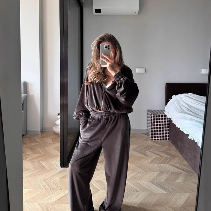 Damen Fleece-Loungewear-Anzug mit modernem Reißverschluss und weitem Schnitt Drune