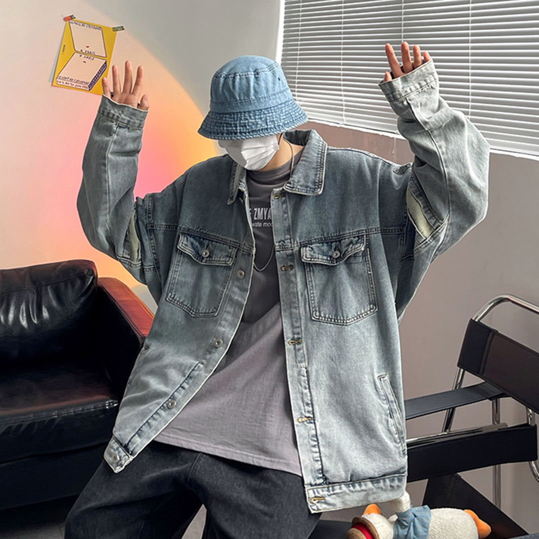 Herren Lässige Denimjacke mit tiefem Kragen Drune