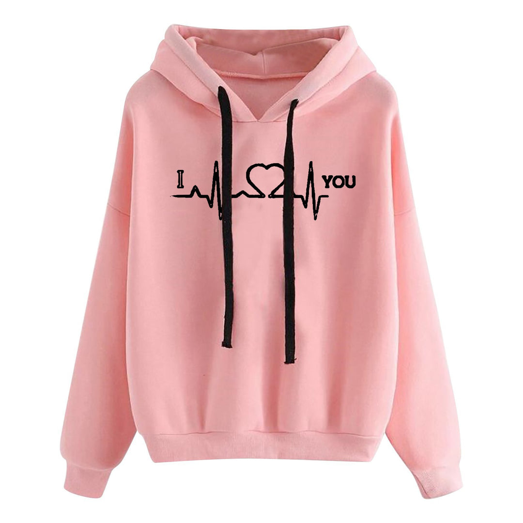 Damen nan leichter Oversize Kapuzenpullover mit Herz‑EKG‑Motiv, langen Kordeln und elastischem Bund Drune