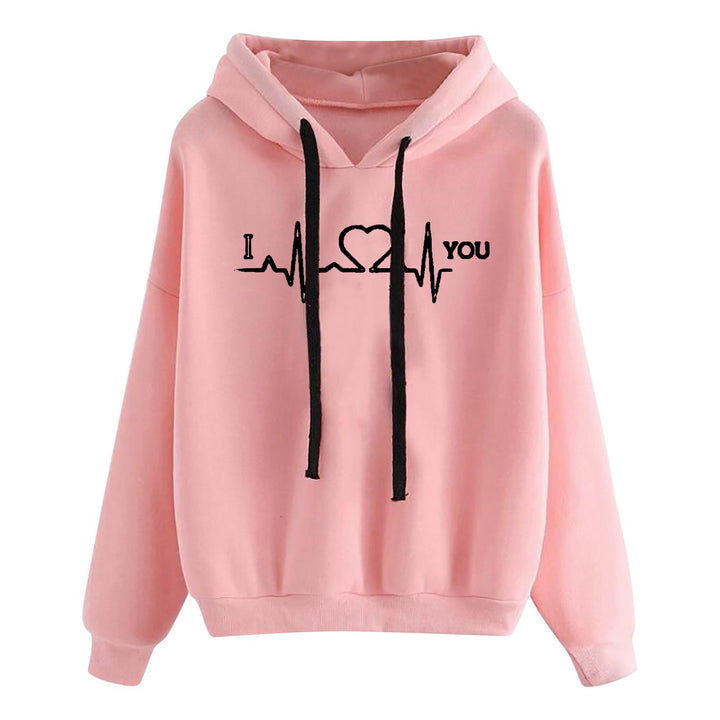 Damen nan leichter Oversize Kapuzenpullover mit Herz‑EKG‑Motiv, langen Kordeln und elastischem Bund Drune