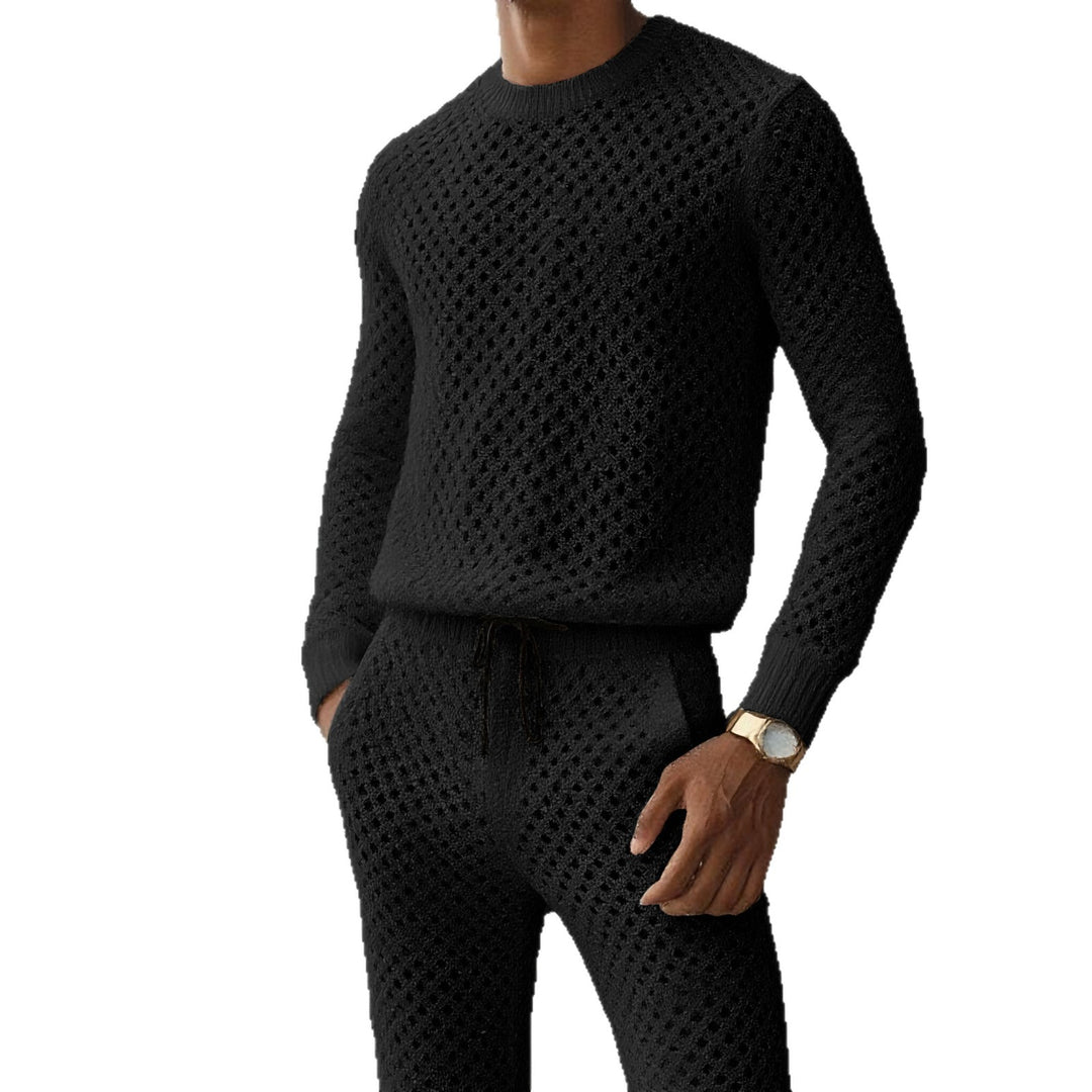 Herren Strukturstrick-Pullover mit feinmaschigem Lochmuster und Rundhals Drune