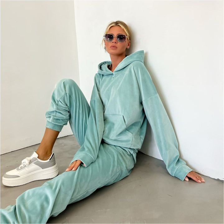 Damen bequemer Velours-Sweatanzug mit Kapuze und elastischem Bund Drune