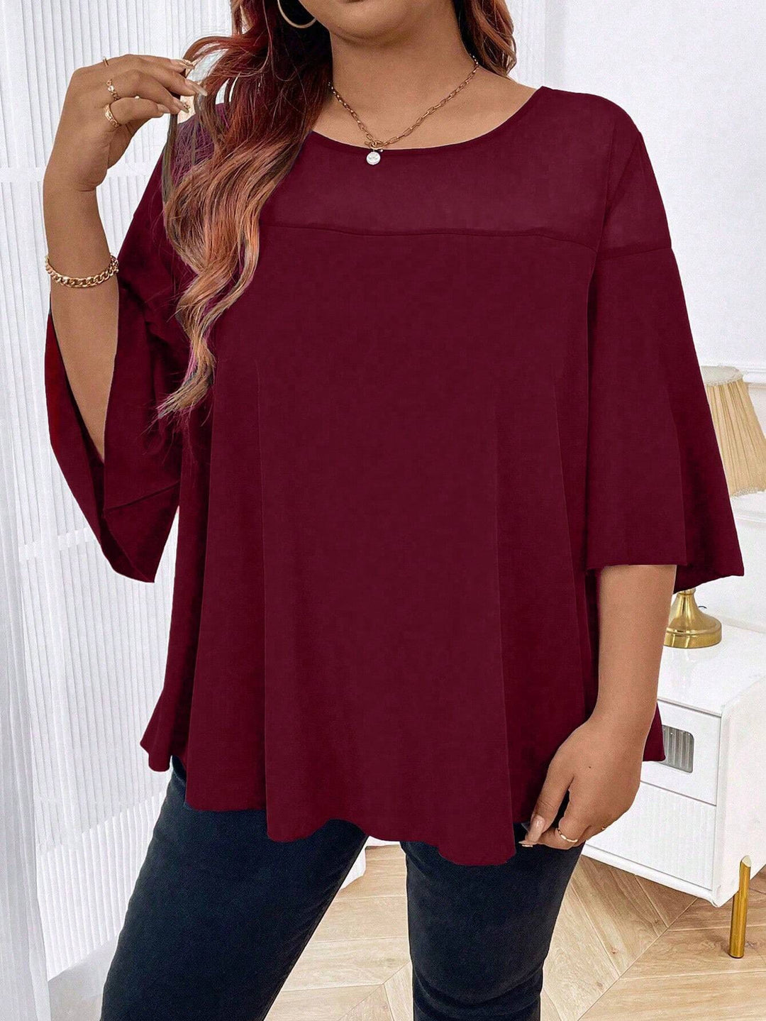Damen Weites Chiffon-Tunika-Top mit transparentem Einsatz und Flügelärmeln Drune