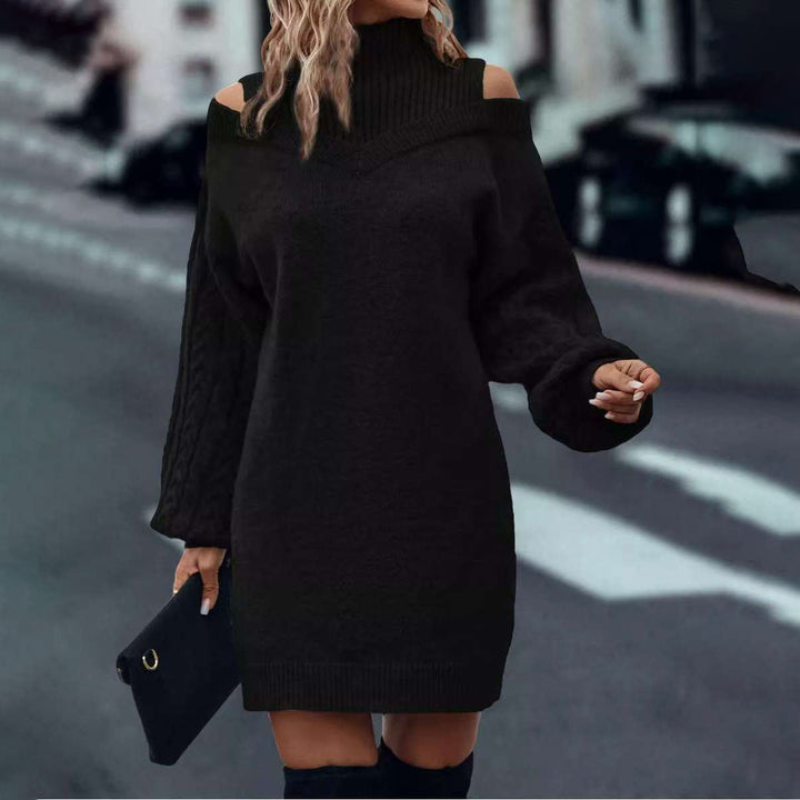 Damen Strickkleid mit Schulterauschnitten und hochgeschlossenem Kragen Drune