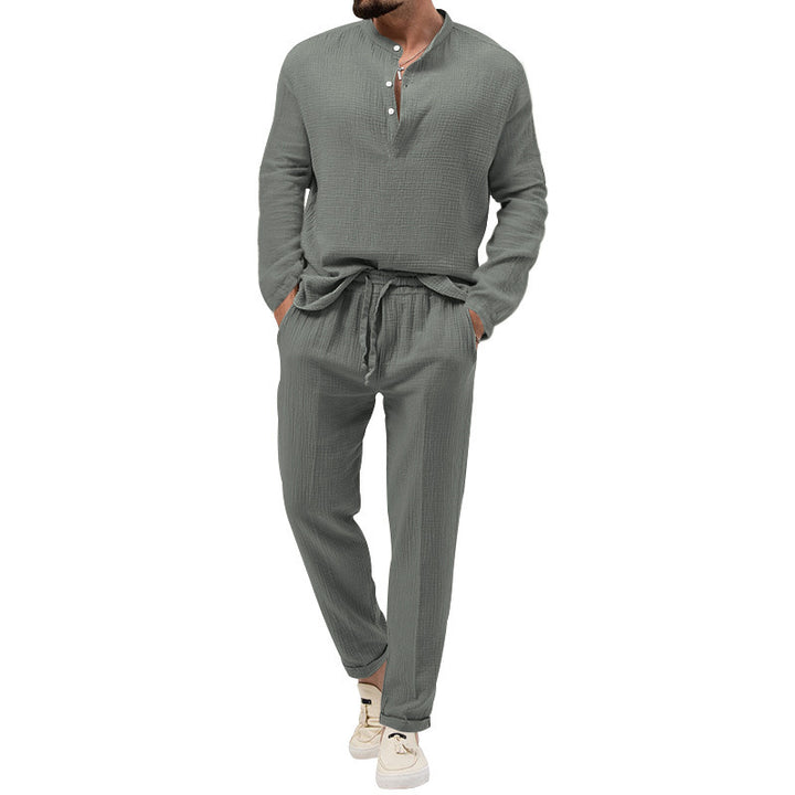 Herren Lässiges Zweiteiliges Lounge-Set aus Baumwoll-Gauze mit Henley-Oberteil und Tunnelzug-Hose Drune