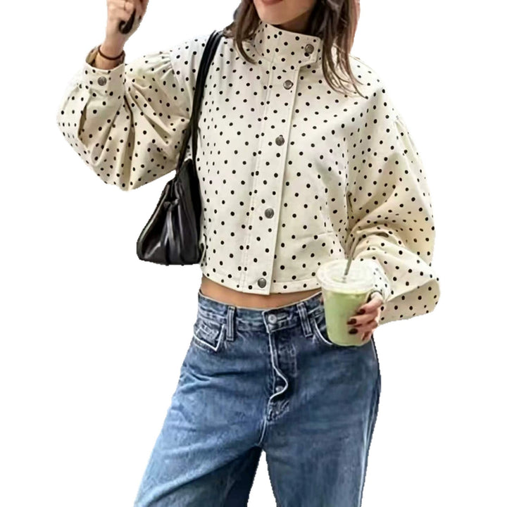 Damen Gepunktete Cropped-Jacke mit Stehkragen, Ballonärmeln und Druckknöpfen Drune