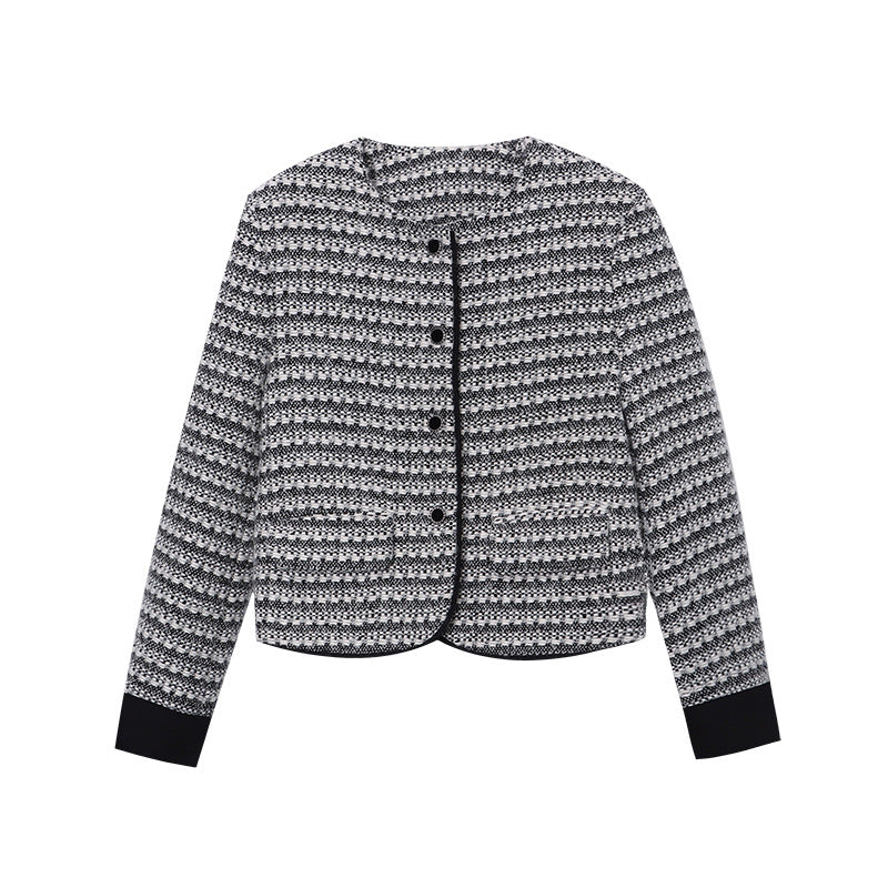 Damen modische Jacke im Tweed-Look mit Rundhalsausschnitt Drune