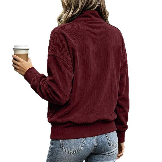 Damen gerippter Henley-Pullover mit Stehkragen und Kängurutasche Drune