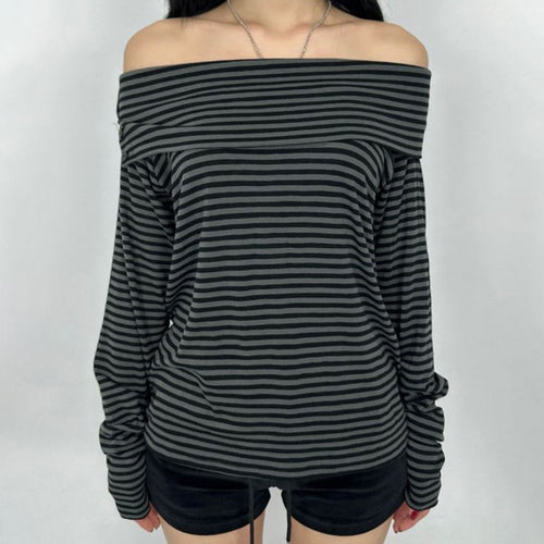 Damen nan schulterfreies Langarmshirt mit Carmen-Ausschnitt, taillierter Passform und feinem Streifenmuster Drune