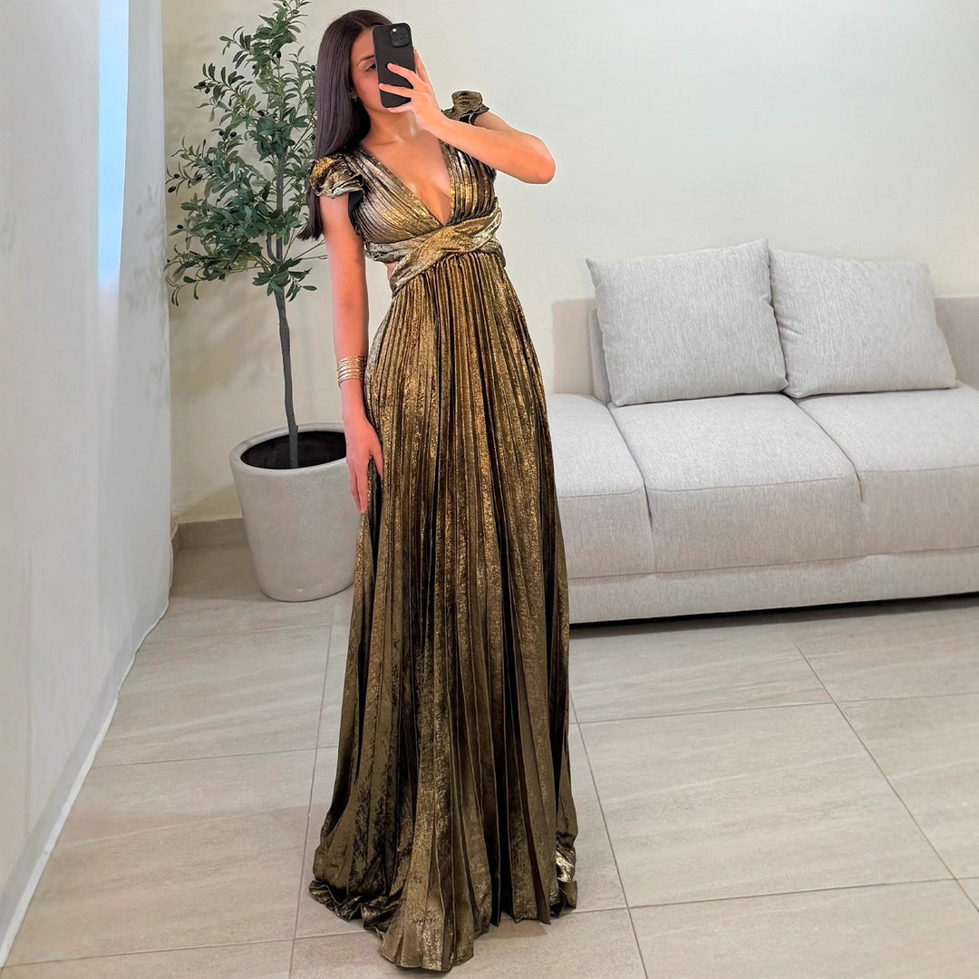 Damen Elegantes Maxikleid mit tiefem V-Ausschnitt und Rüschendetails Drune