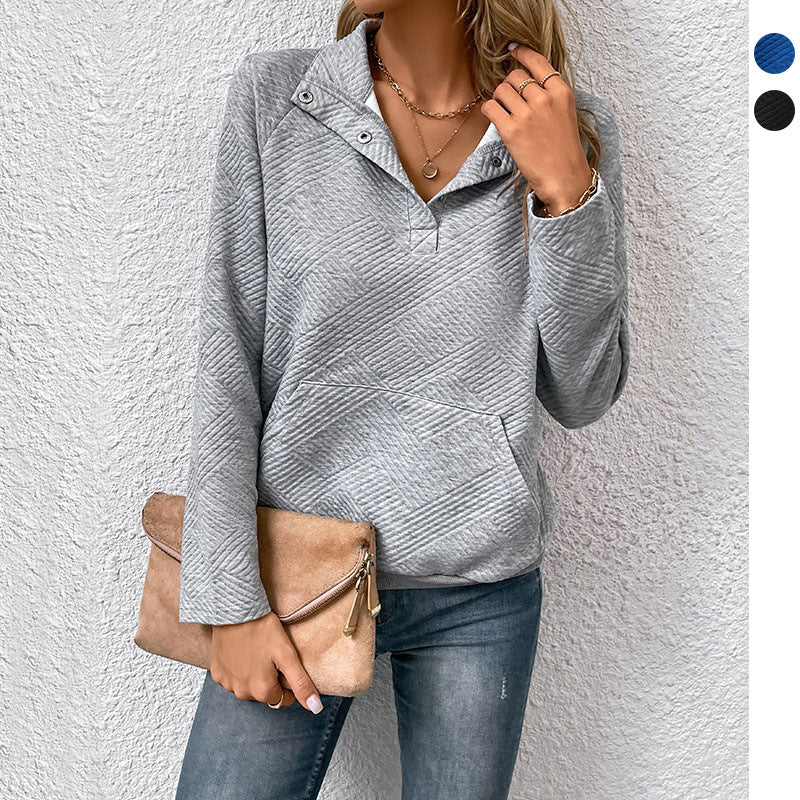 Damen Steppstrukturiertes Sweatshirt mit Druckknopfkragen, V‑Ausschnitt und Kängurutasche Drune