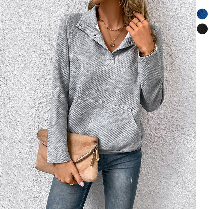 Damen Steppstrukturiertes Sweatshirt mit Druckknopfkragen, V‑Ausschnitt und Kängurutasche Drune