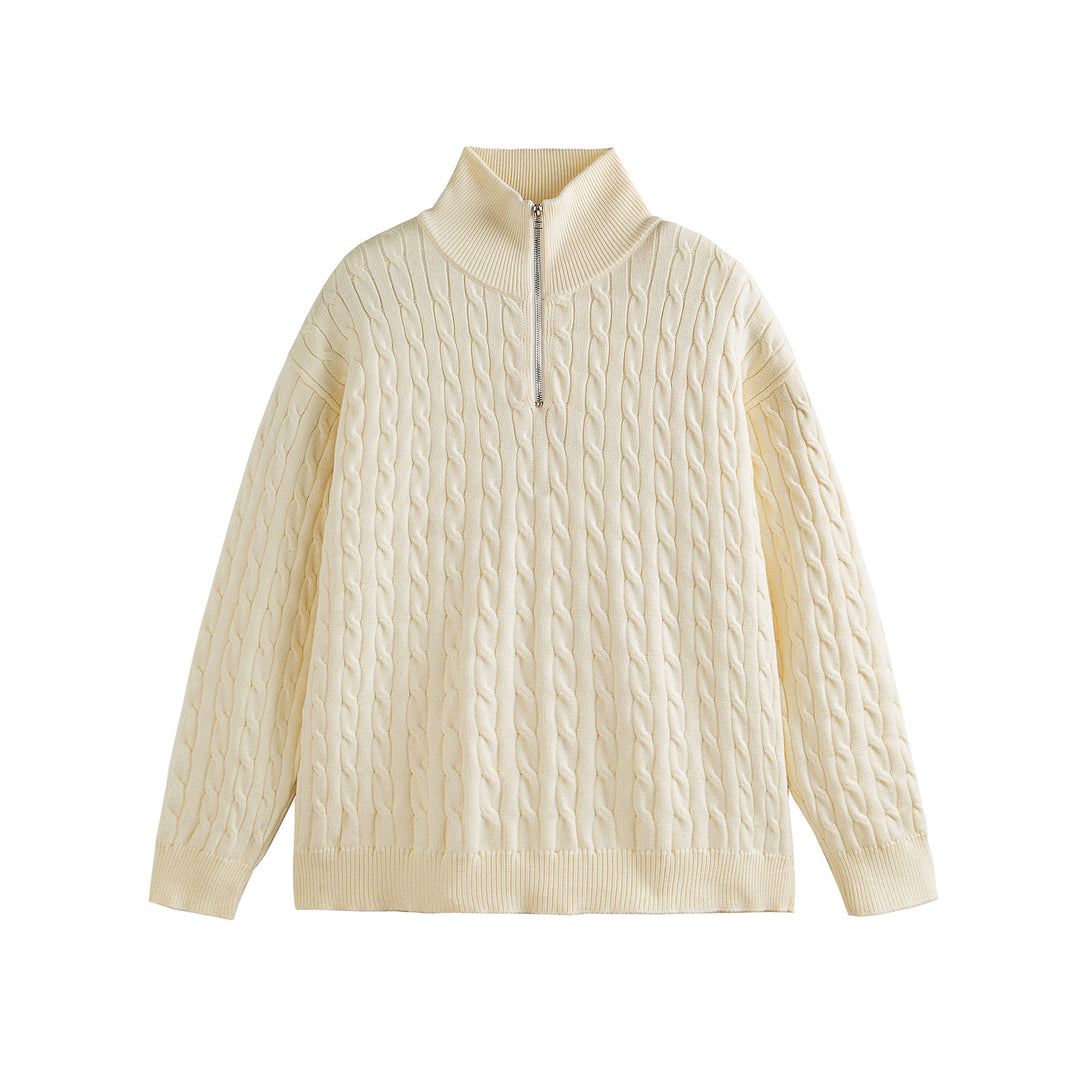 Unisex Grobgestrickter Zopfmuster-Pullover mit Halbzip und hohem Rippkragen Drune