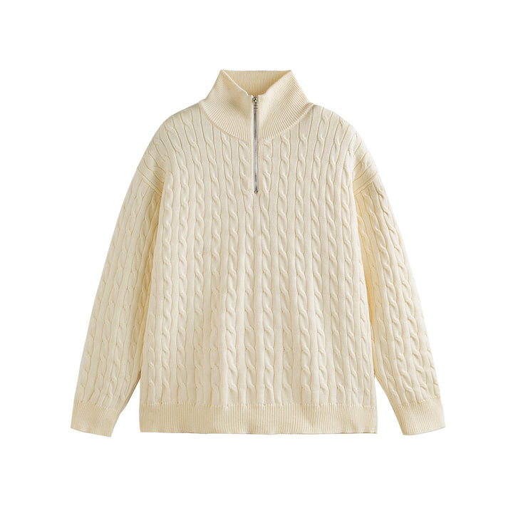 Unisex Grobgestrickter Zopfmuster-Pullover mit Halbzip und hohem Rippkragen Drune