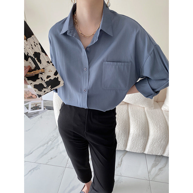 Damen lässige oversized Hemdbluse aus atmungsaktivem Baumwollmix mit Brusttasche Drune