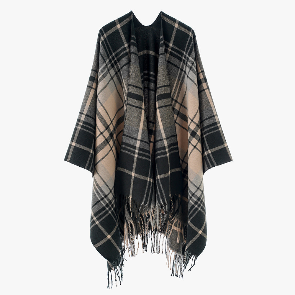 Damen Reiner Wolloptik-Überwurf im Tartan-Karo mit offener Front und Fransensaum Drune
