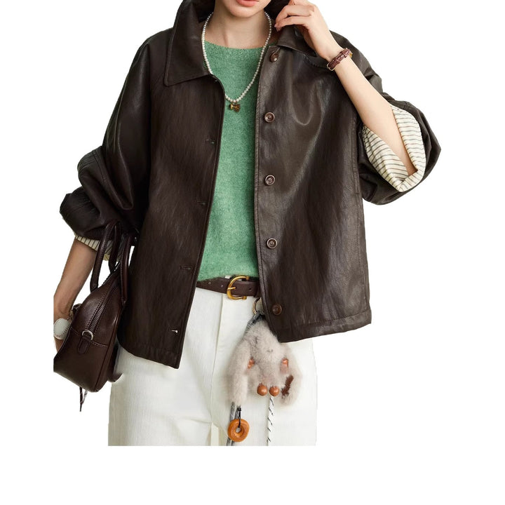 Damen Moderne Lederjacke mit gestreiften Manschetten Drune