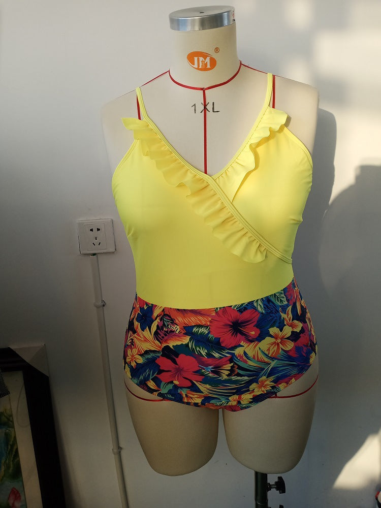 Damen Einteiler Badeanzug mit asymmetrischem Rüschendesign und floralem Hosenbereich Drune