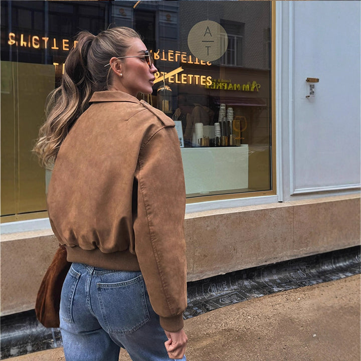 Damen Kurz geschnittene Bomberjacke aus Velourslederoptik mit Rippbündchen Drune
