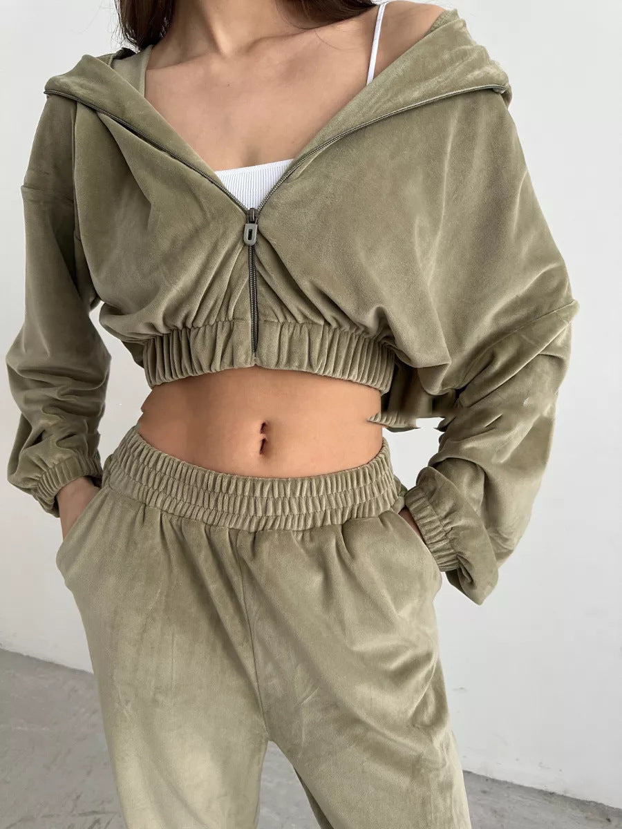 Damen luxuriöser Samt-Trainingsanzug mit geraffter Bomberjacke und High-Waist Jogginghose Drune