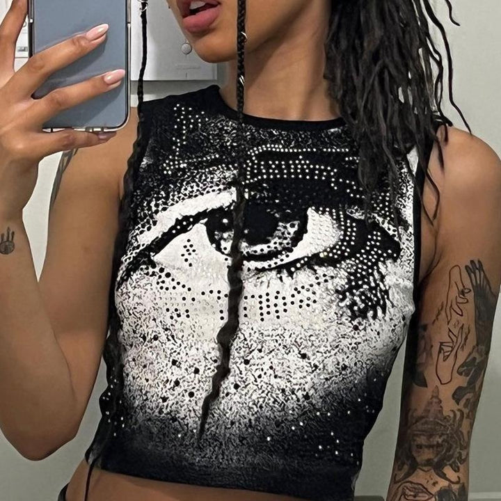 Damen Cropped Tanktop mit strahlendem Augenmotiv und glitzernden Akzenten Drune