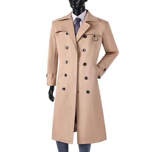Herren Doppelreihiger Trenchcoat mit Taillierung, Reverskragen und dekorativem Metallring Drune