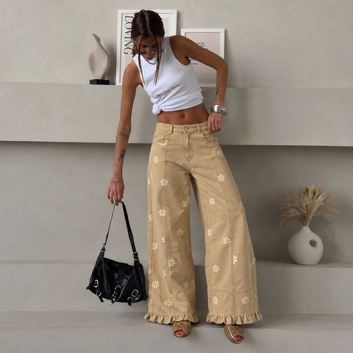 Damen weite Denimhose mit Gänseblümchen-Print, hohem Bund und Rüschenabschluss Drune