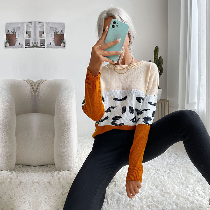 Damen Colorblock Strickpullover mit Leopardenmuster, Rundhals und lässiger Passform Drune