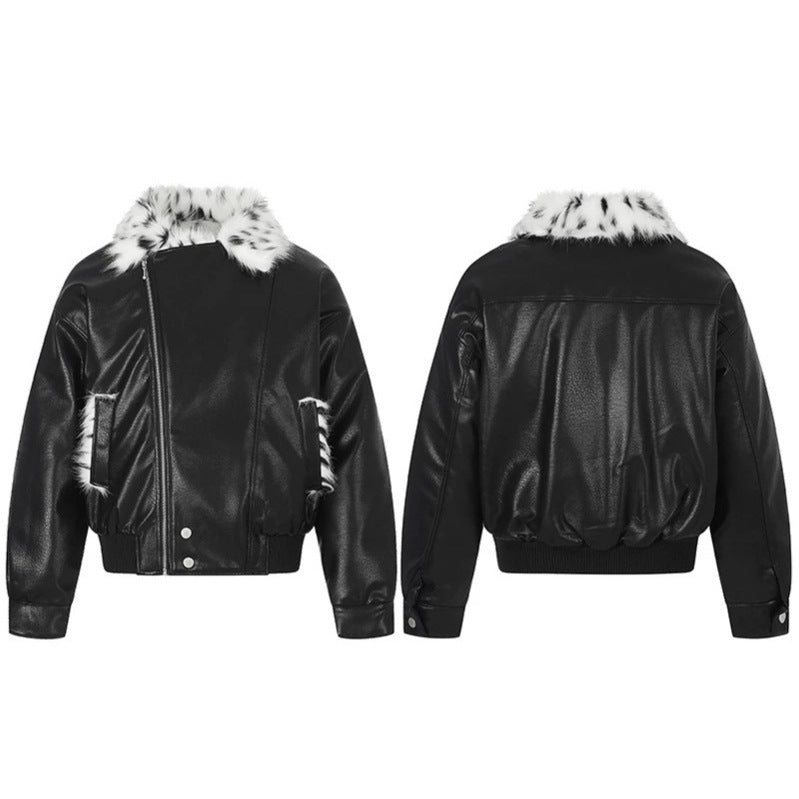 Damen Kunstleder-Bomberjacke mit asymmetrischem Reißverschluss und kontrastierendem Faux-Fur-Kragen Drune