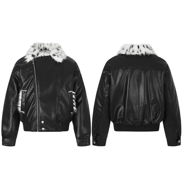 Damen Kunstleder-Bomberjacke mit asymmetrischem Reißverschluss und kontrastierendem Faux-Fur-Kragen Drune