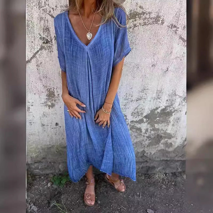 Damen Leichtes Sommerkleid mit V-Ausschnitt und weiten Ärmeln Drune