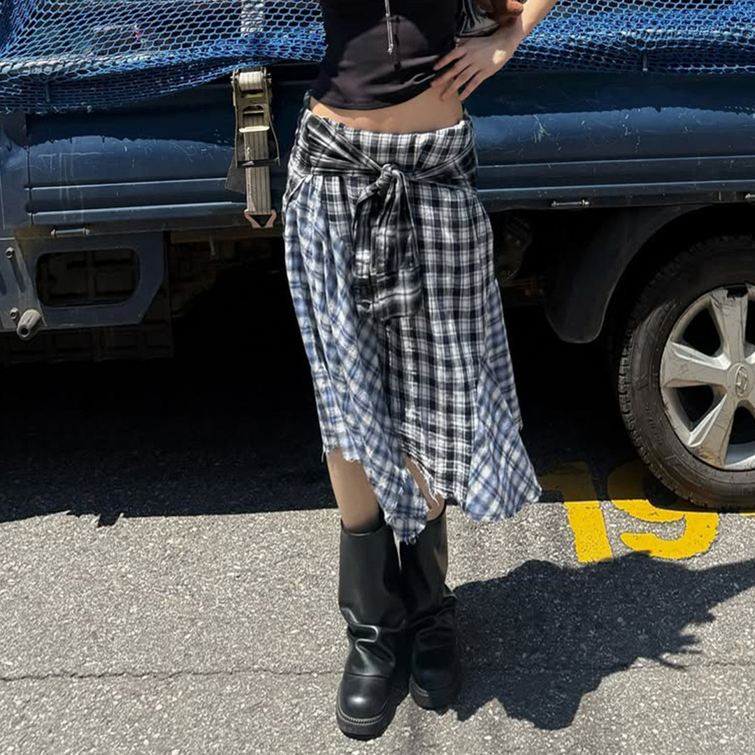 Damen Asymmetrischer Midirock im Karo-Patchwork mit Bundschärpe Drune
