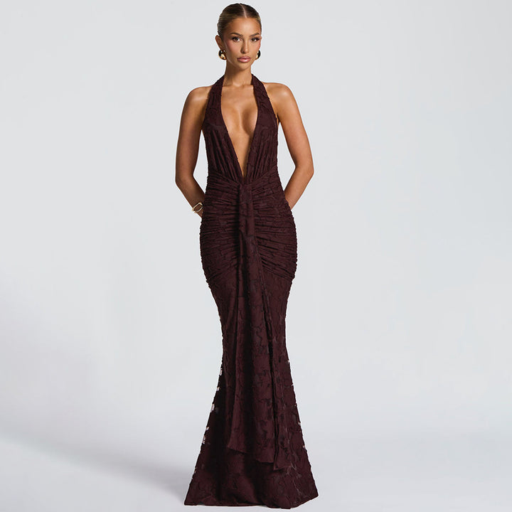 Damen Elegantes Maxikleid mit tiefem V-Ausschnitt und strukturierter Raffung Drune