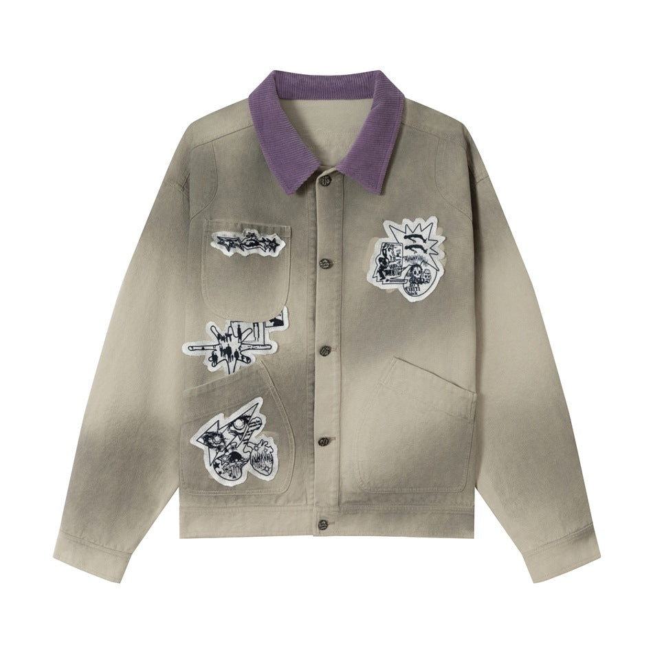 Unisex Kastig geschnittene Chorejacke aus Baumwollcanvas mit artistischen Patch Applikationen und Cordkragen Drune