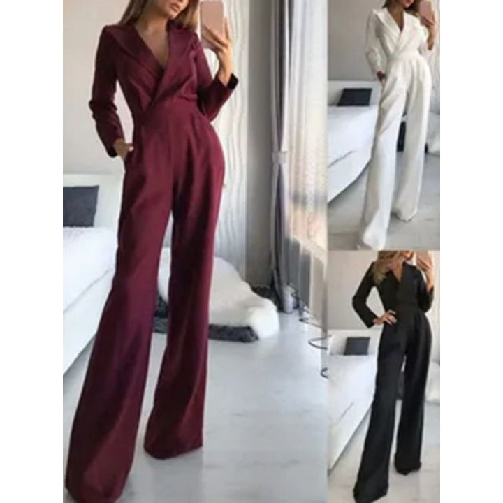 Damen eleganter Jumpsuit mit langem Bein und klassischem Schauspielkragen Drune