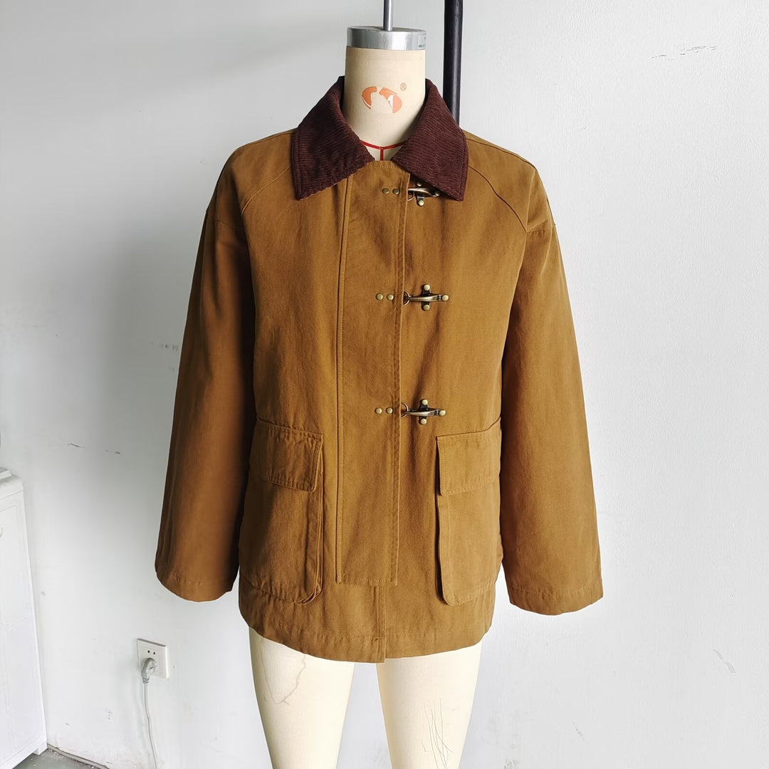 Damen nan kurze Canvasjacke mit Cordkragen und dekorativen Knebelverschlüssen Drune