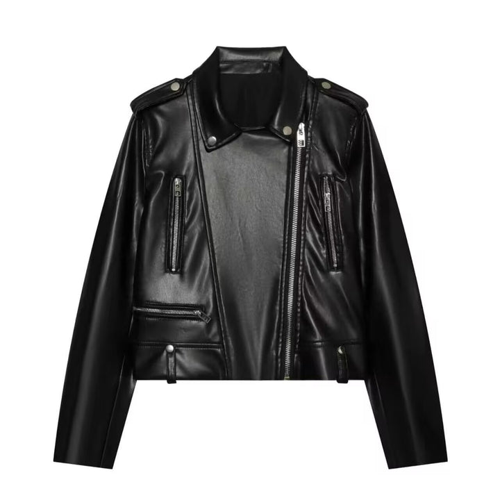 Damen Kurz geschnittene Bikerjacke aus Kunstleder mit asymmetrischem Reißverschluss und Schulterklappen Drune