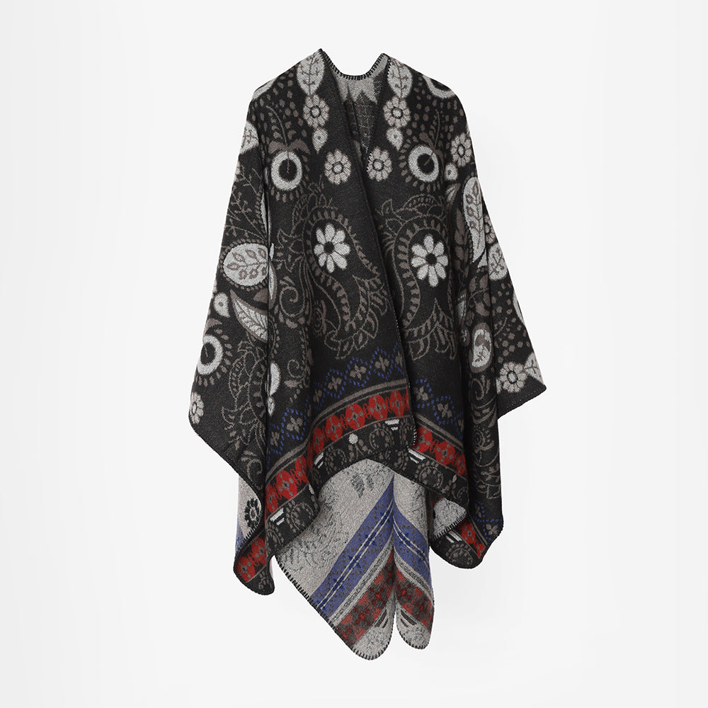 Damen Oversize-Jacquard-Überwurf im Cape‑Stil mit Paisley‑ und Blumenmotiv Drune