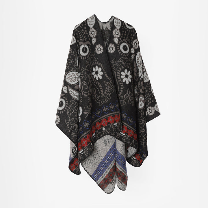 Damen Oversize-Jacquard-Überwurf im Cape‑Stil mit Paisley‑ und Blumenmotiv Drune