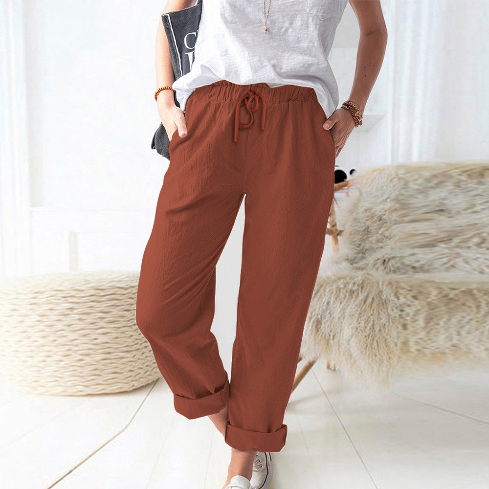 Damen Lockere Leinenoptik-Hose mit Elastischem Bund, Kordelzug und Aufgeschlagenem Saum Drune
