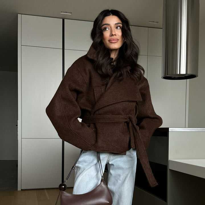 Damen Oversized Wolljacke mit Bindegürtel und lässigem Schnitt Drune