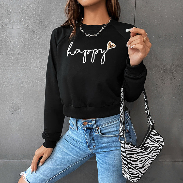 Damen Cropped-Sweatshirt mit Script-Print, Herz-Applikation und Raglanärmeln Drune