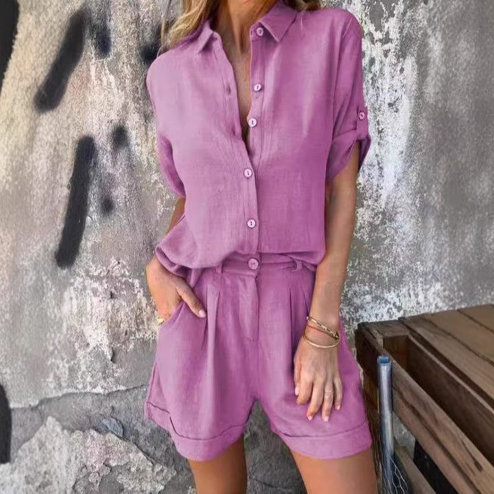 Damen Lässiges Jumpsuit-Set mit knöpfbarem Oberteil und elastischem Taillenzug Drune