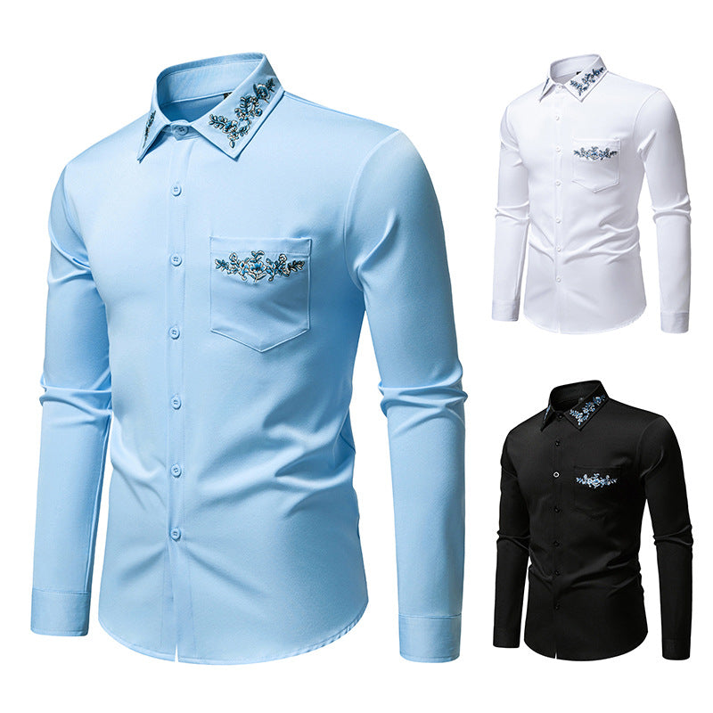 Herren Elegantes Slim-Fit Hemd mit floraler Stickerei am Kragen und aufgesetzter Brusttasche Drune