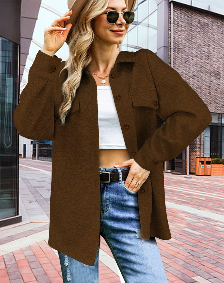 Damen Longline Oversize Hemdjacke mit aufgesetzten Pattentaschen und Strukturstoff Drune