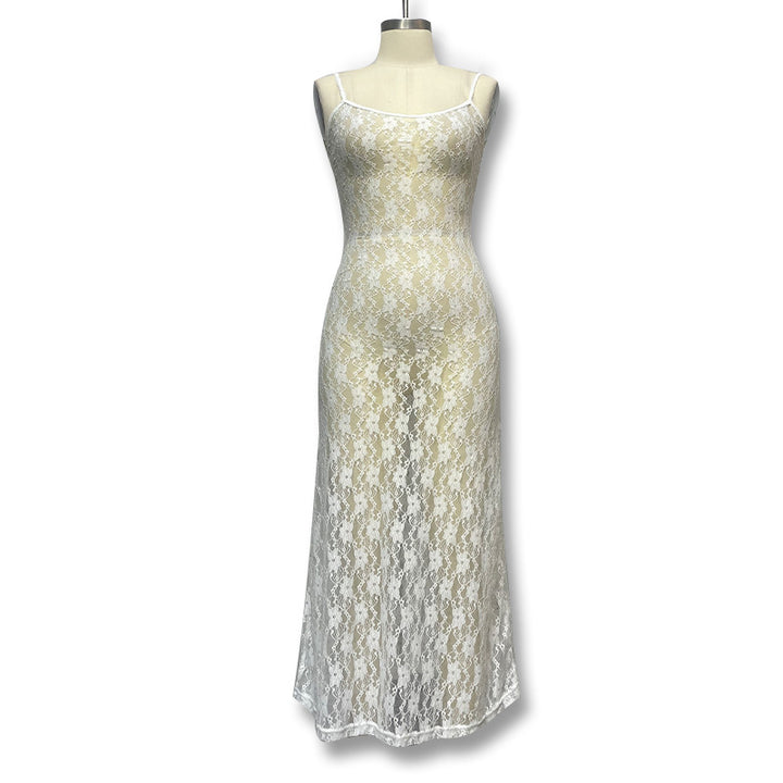 Damen Spitzen-Maxikleid mit schmalen Trägern und eleganter Silhouette Drune
