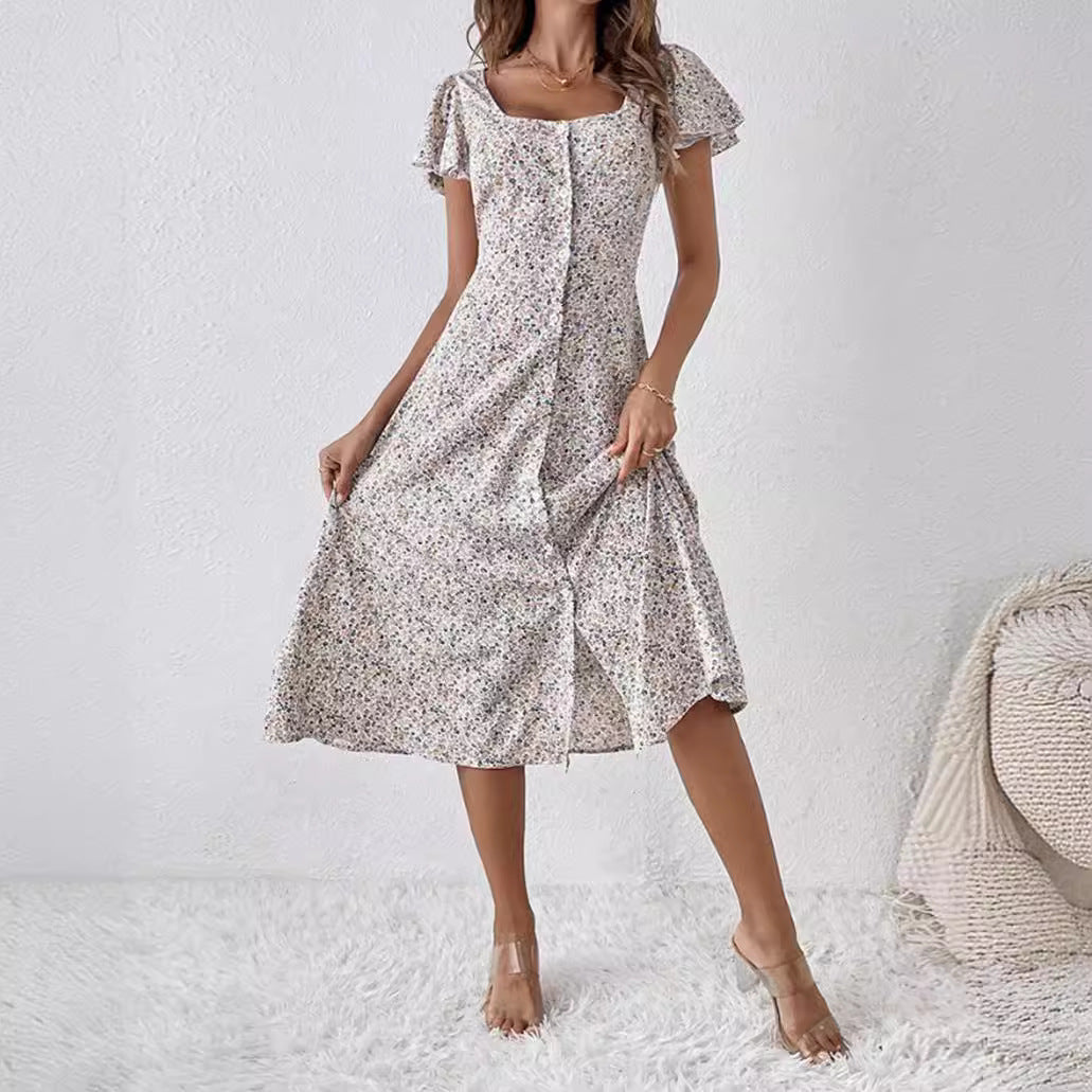Damen nan tailliertes Midikleid mit quadratischem Ausschnitt, verdeckter Knopfleiste und fließendem A-Linien-Rock Drune