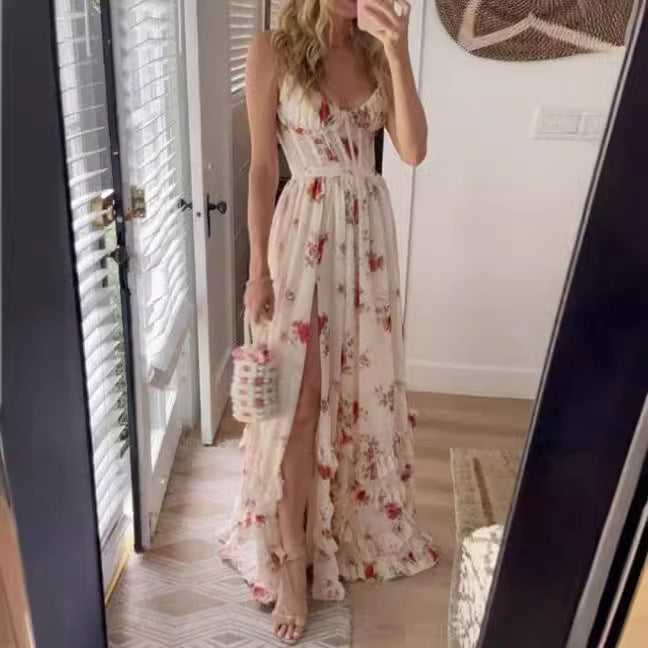 Damen Maxikleid mit floralem Spitzenoberteil und hohem Schlitz Drune