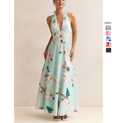 Damen Maxikleid mit tiefem V-Ausschnitt und floralen Akzenten Drune