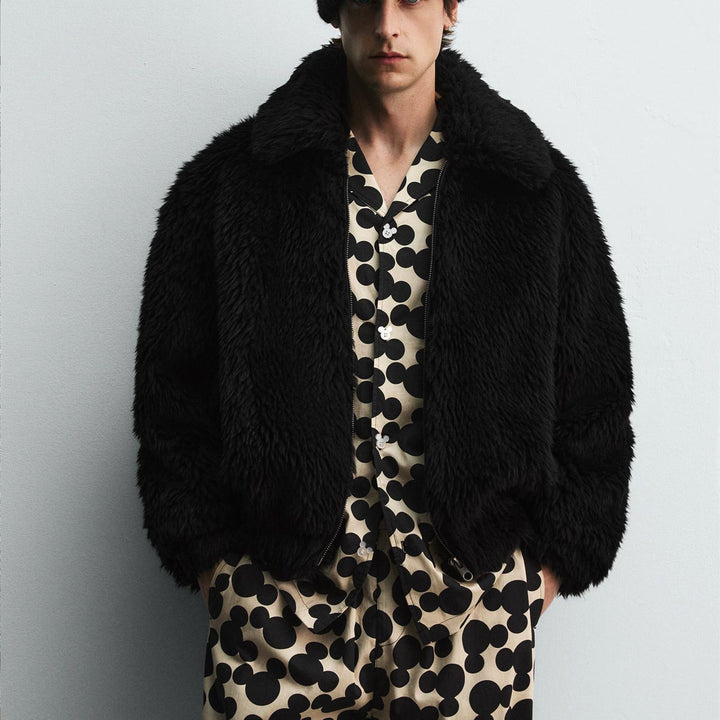 Herren Kurzblouson aus Faux-Fur mit Reißverschluss und kastigem Schnitt Drune